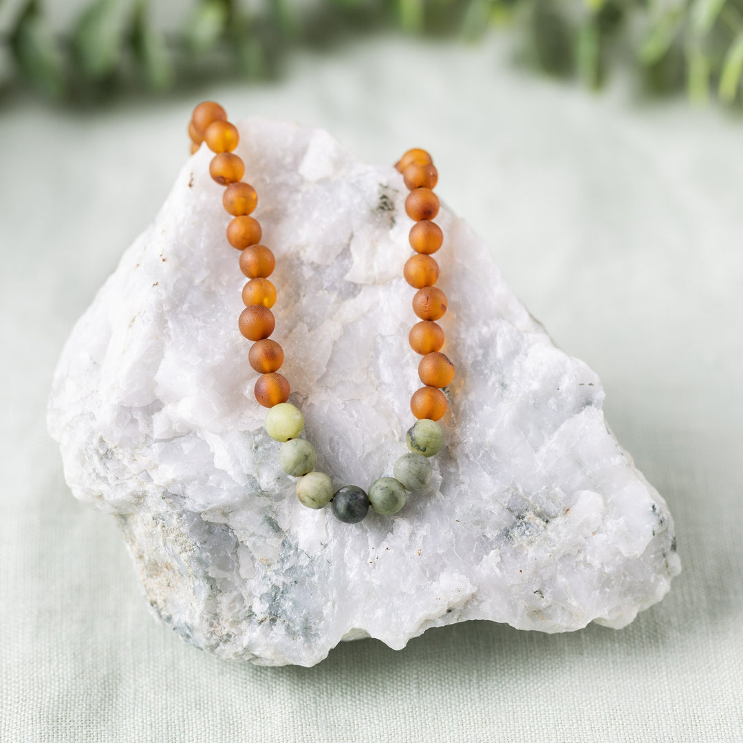 Adults | Raw Green Jade + Raw Cognac Amber Necklace
