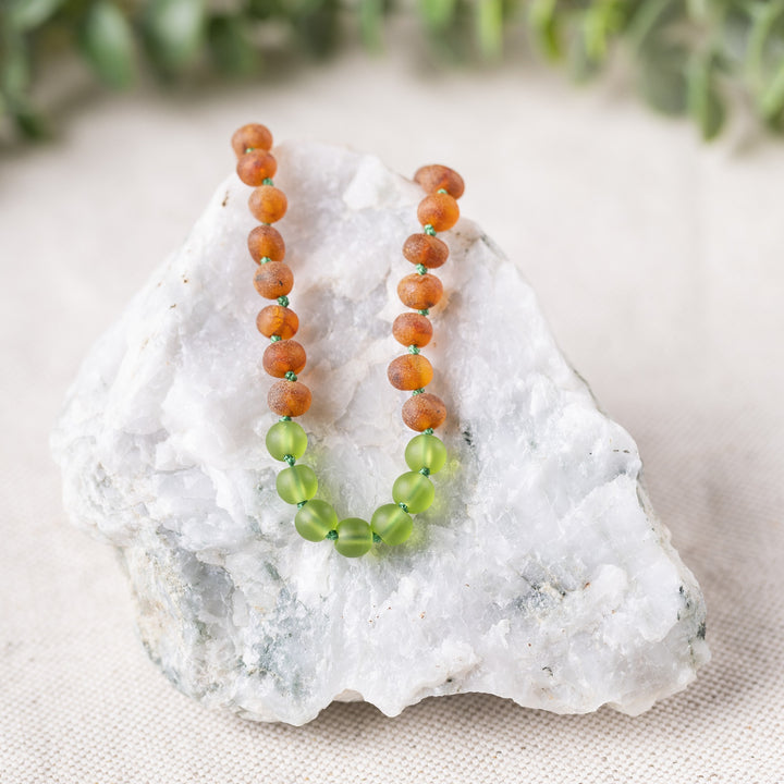 Kids | Green Sea Glass + Raw Cognac Amber Necklace - R.B. Amber Jewelry