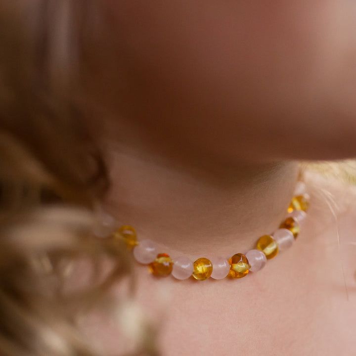 Rose Quartz + Honey Baltic Amber Necklace - R.B. Amber Jewelry