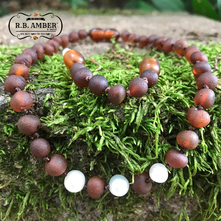 Kids | Freshwater Pearl Accent + Raw Cognac Amber Necklace