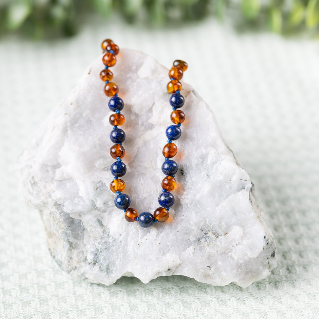 Kids | Lapis Lazuli + Cognac Amber Necklace - R.B. Amber Jewelry