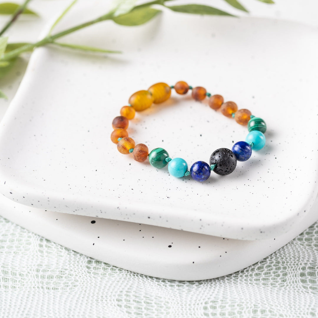 Kids | Malachite Mix + Raw Cognac Aromatherapy Bracelet - R.B. Amber Jewelry