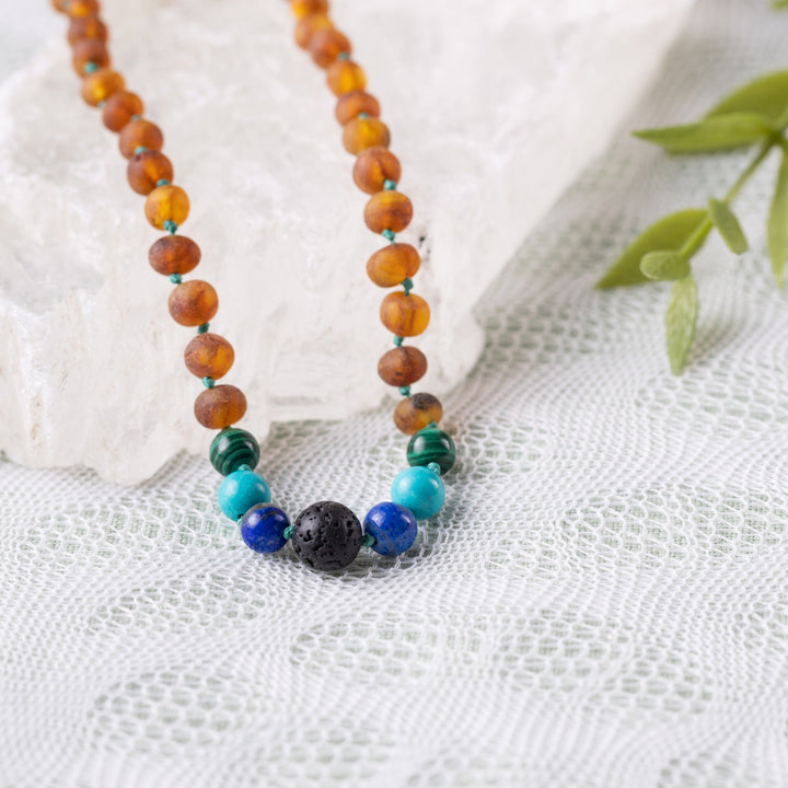 Kids | Malachite Mix + Raw Cognac Aromatherapy Necklace - R.B. Amber Jewelry