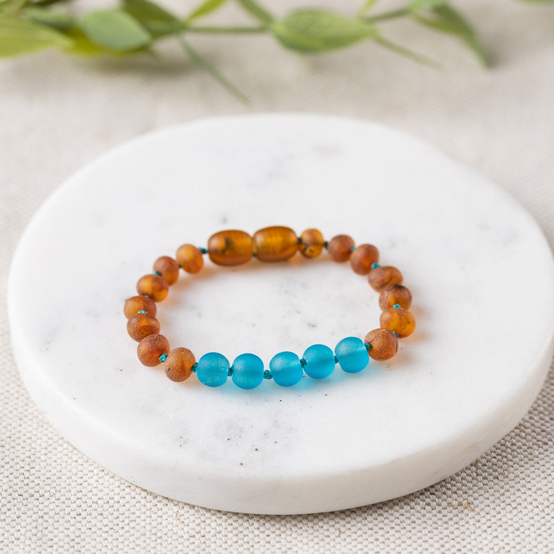 Kids | Marine Blue Sea Glass + Raw Cognac Amber Bracelet - R.B. Amber Jewelry