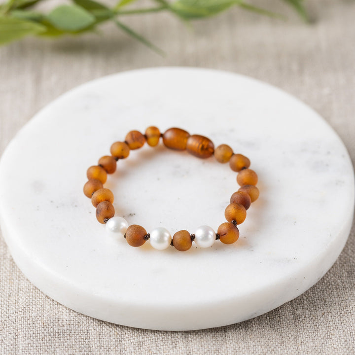 Kids | Freshwater Pearl Accent + Raw Cognac Amber Bracelet - R.B. Amber Jewelry