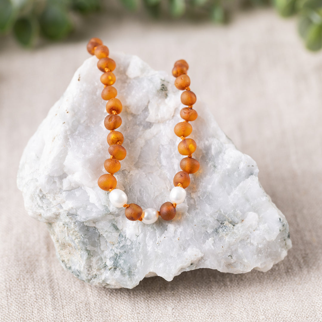 Kids | Freshwater Pearl Accent + Raw Cognac Amber Necklace - R.B. Amber Jewelry