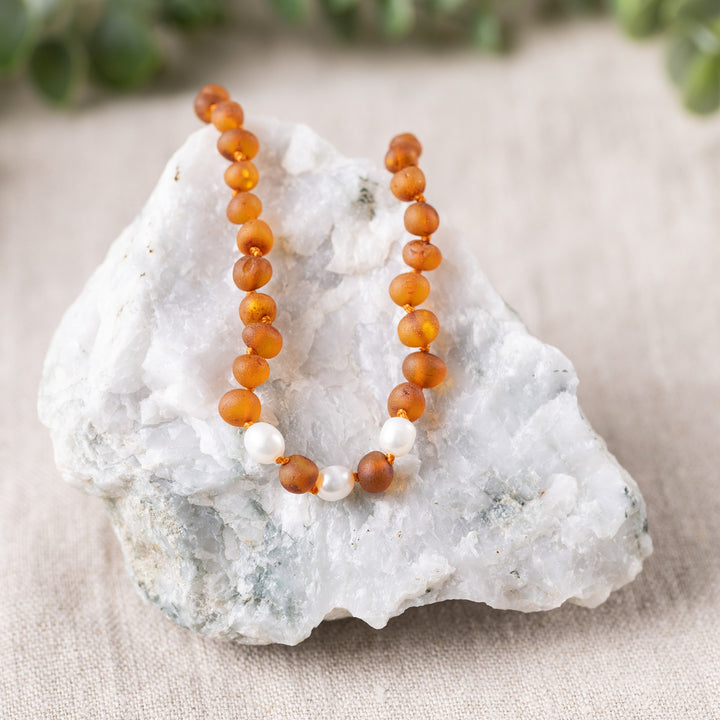 Kids | Freshwater Pearl Accent + Raw Cognac Amber Necklace