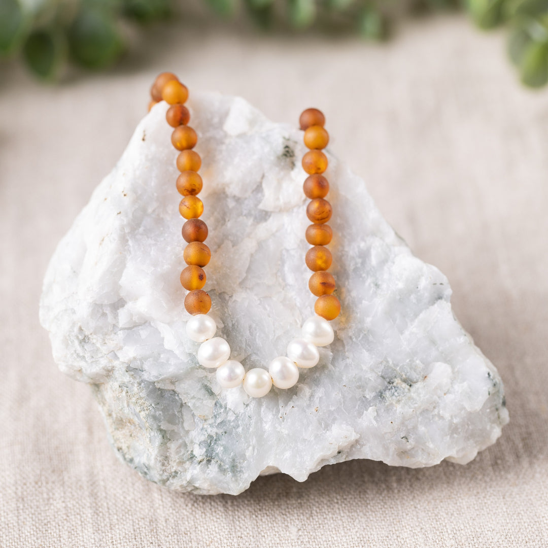 Adults | Freshwater Pearl + Raw Cognac Amber Necklace
