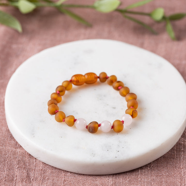 Kids | Rose Quartz + Raw Cognac Amber Bracelet - R.B. Amber Jewelry