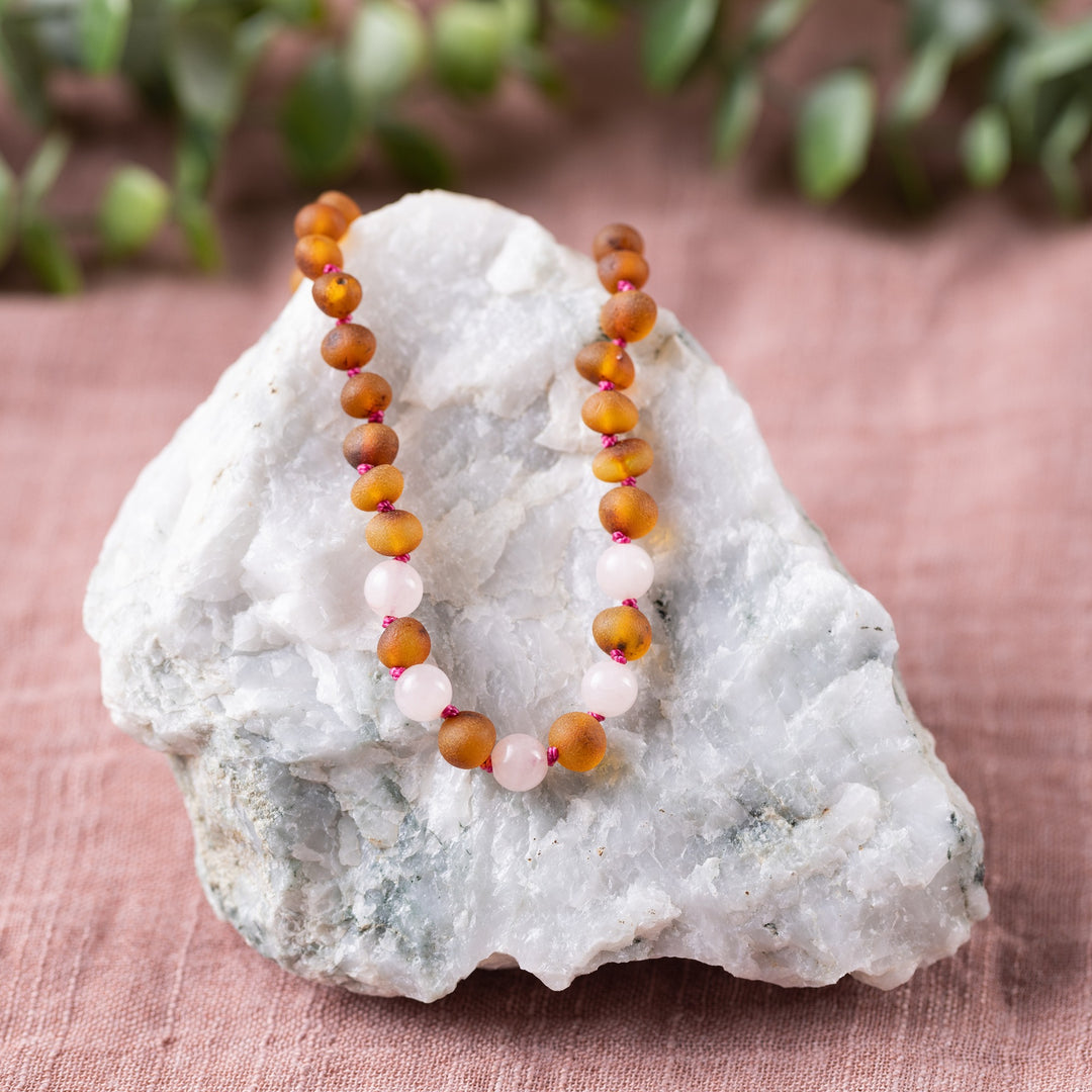 Kids | Rose Quartz + Raw Cognac Amber Necklace - R.B. Amber Jewelry