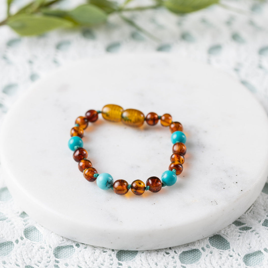 Kids | Turquoise + Cognac Amber Bracelet - R.B. Amber Jewelry