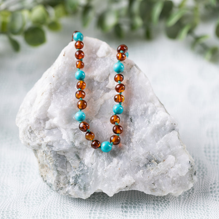 Kids | Turquoise + Cognac Amber Necklace - R.B. Amber Jewelry