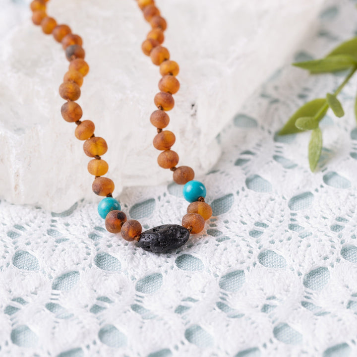 Kids | Turquoise + Raw Cognac Aromatherapy Pendant Necklace - R.B. Amber Jewelry