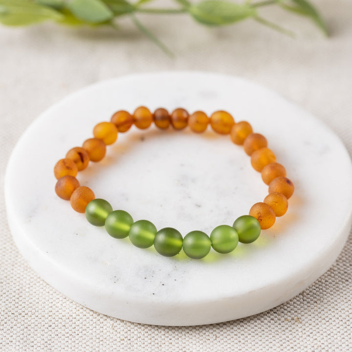 Adults | Green Sea Glass + Raw Cognac Amber Bracelet - R.B. Amber Jewelry