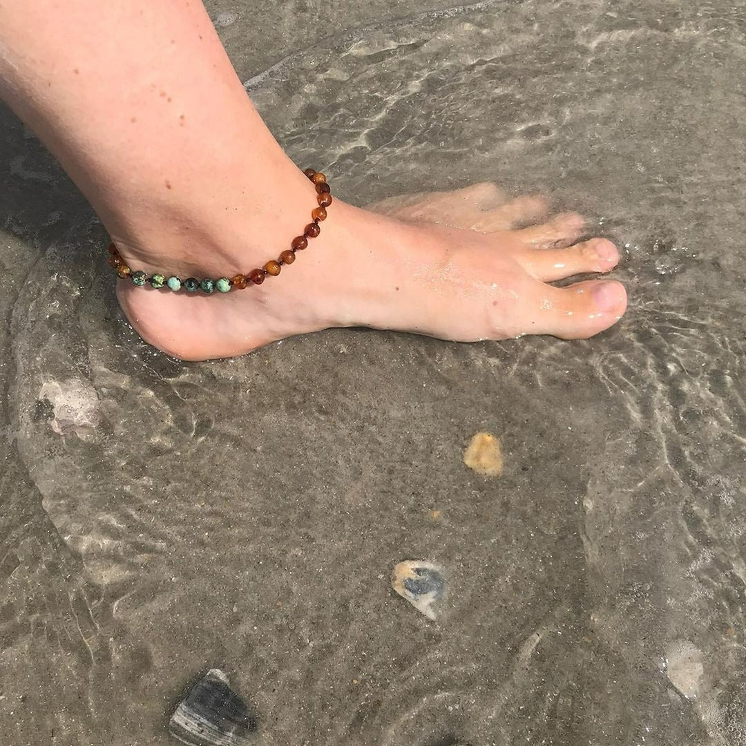 Adults | African Turquoise + Cognac Amber Anklet - R.B. Amber Jewelry