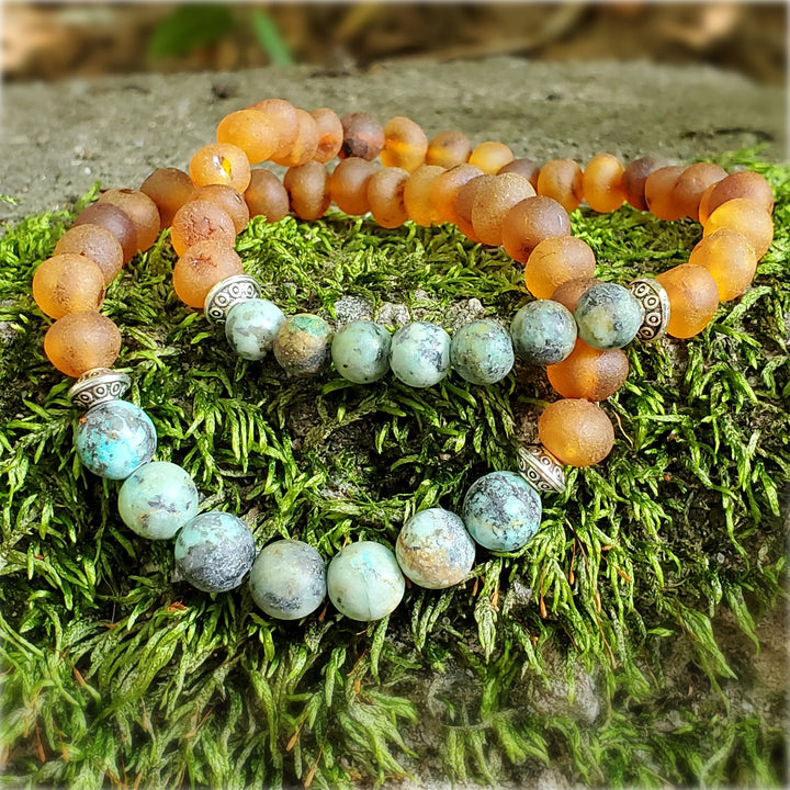 Adults | African Turquoise + Raw Cognac Amber Bracelet - R.B. Amber Jewelry