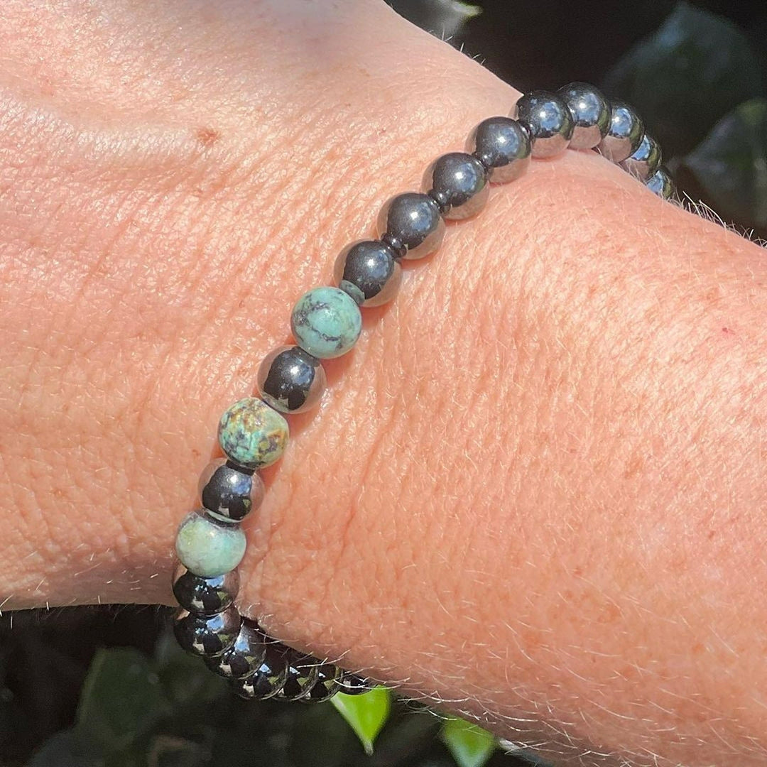 Adults | African Turquoise + High Power Magnetic Hematite Bracelet - R.B. Amber Jewelry