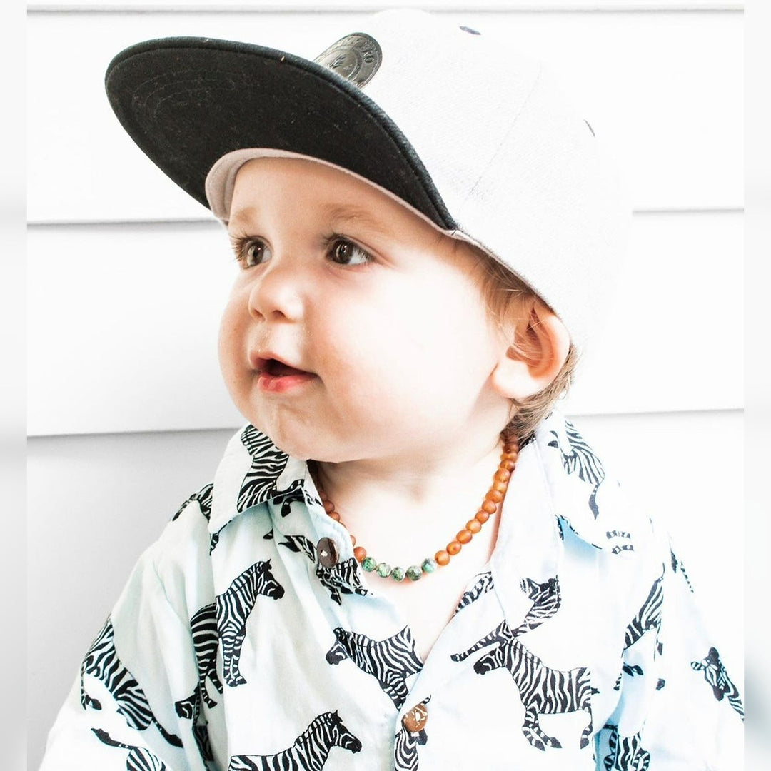 Kids | African Turquoise + Raw Cognac Amber Necklace - R.B. Amber Jewelry