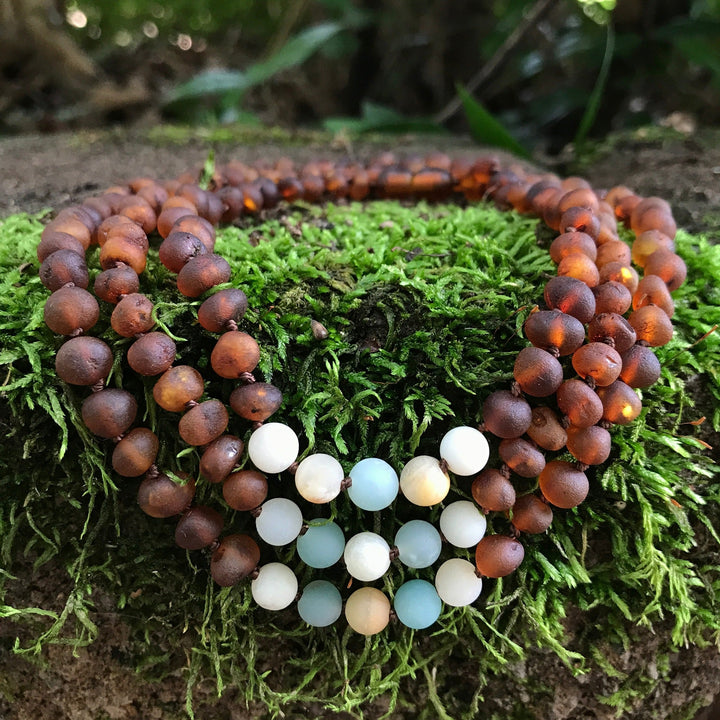 Kids | Amazonite + Raw Cognac Amber Necklace - R.B. Amber Jewelry