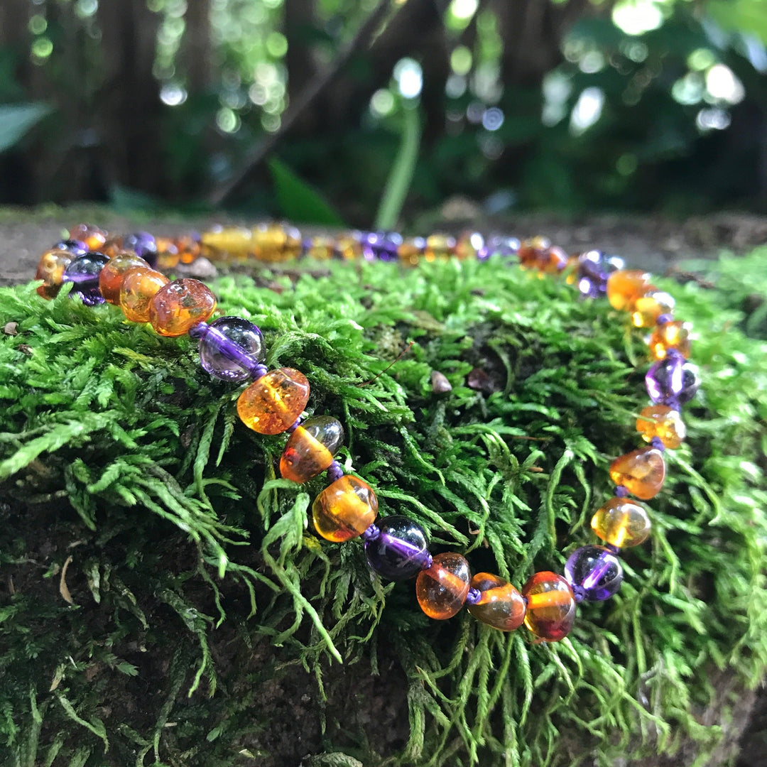 Kids | Amethyst + Cognac Amber Necklace - R.B. Amber Jewelry