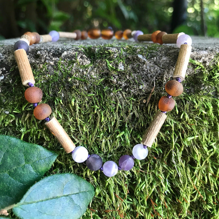 Adults | Amethyst + Raw Cognac Amber Hazelwood Necklace - R.B. Amber Jewelry