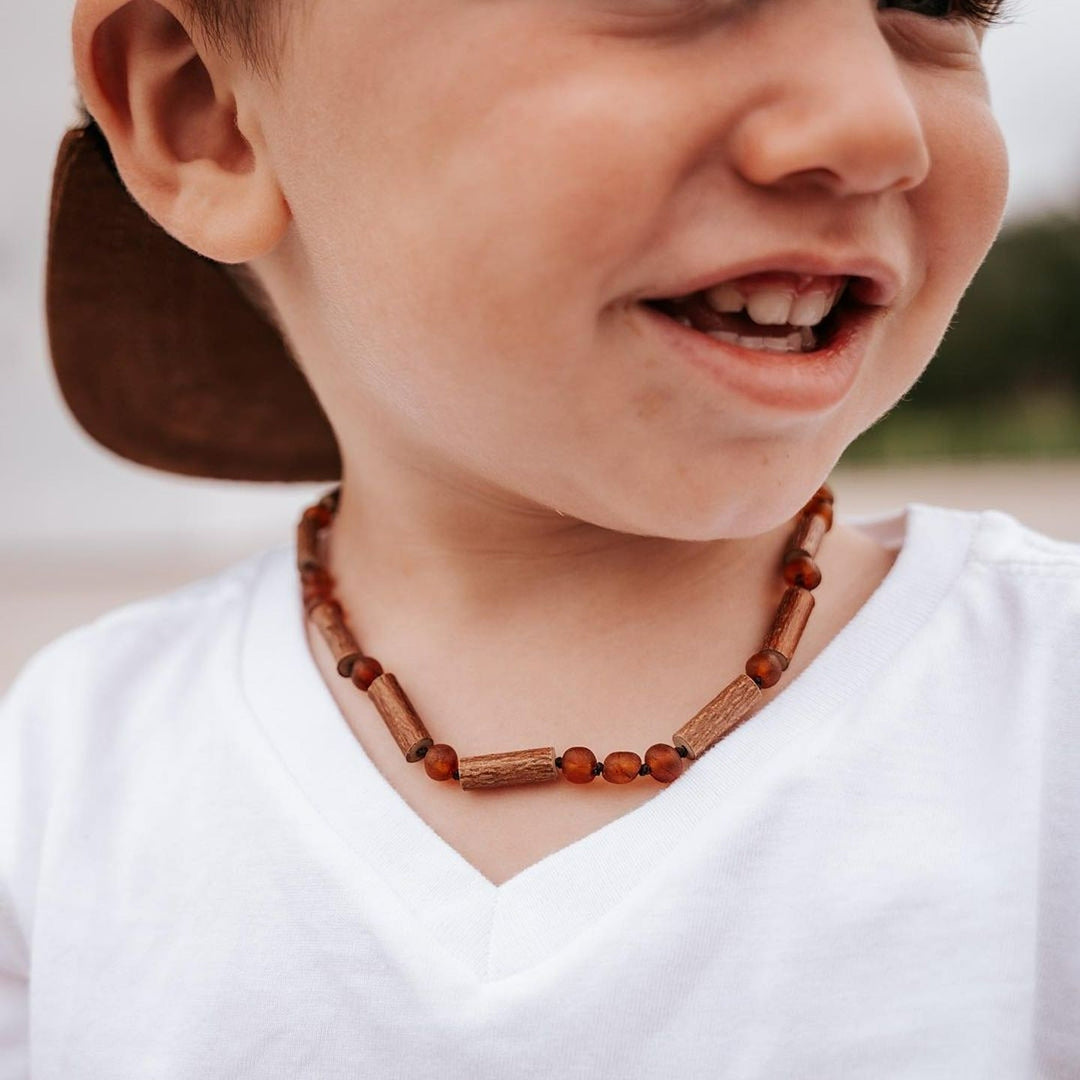 Kids | Raw Cognac Amber + Hazelwood Necklace - R.B. Amber Jewelry