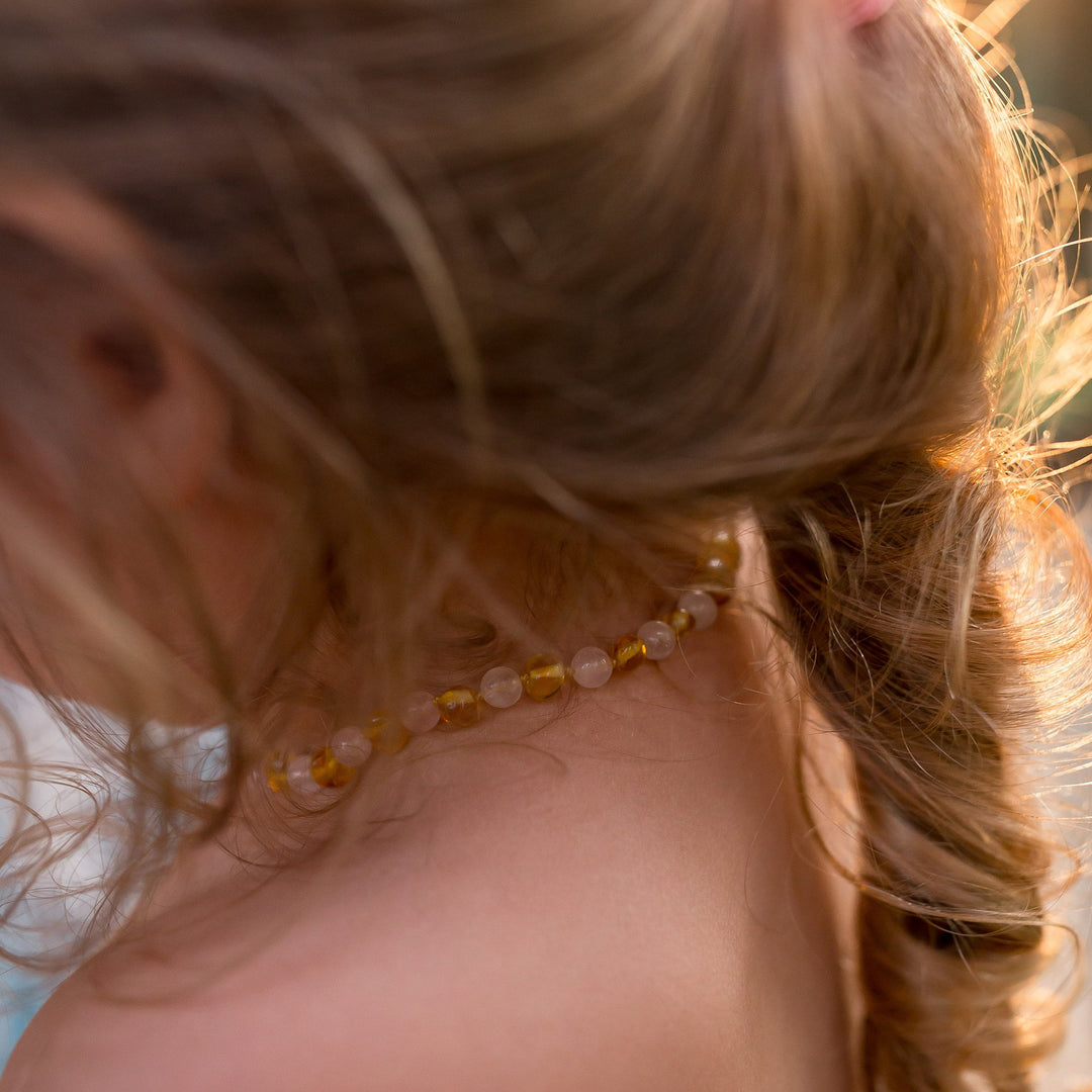 Adults | Rose Quartz + Honey Amber Necklace - R.B. Amber Jewelry