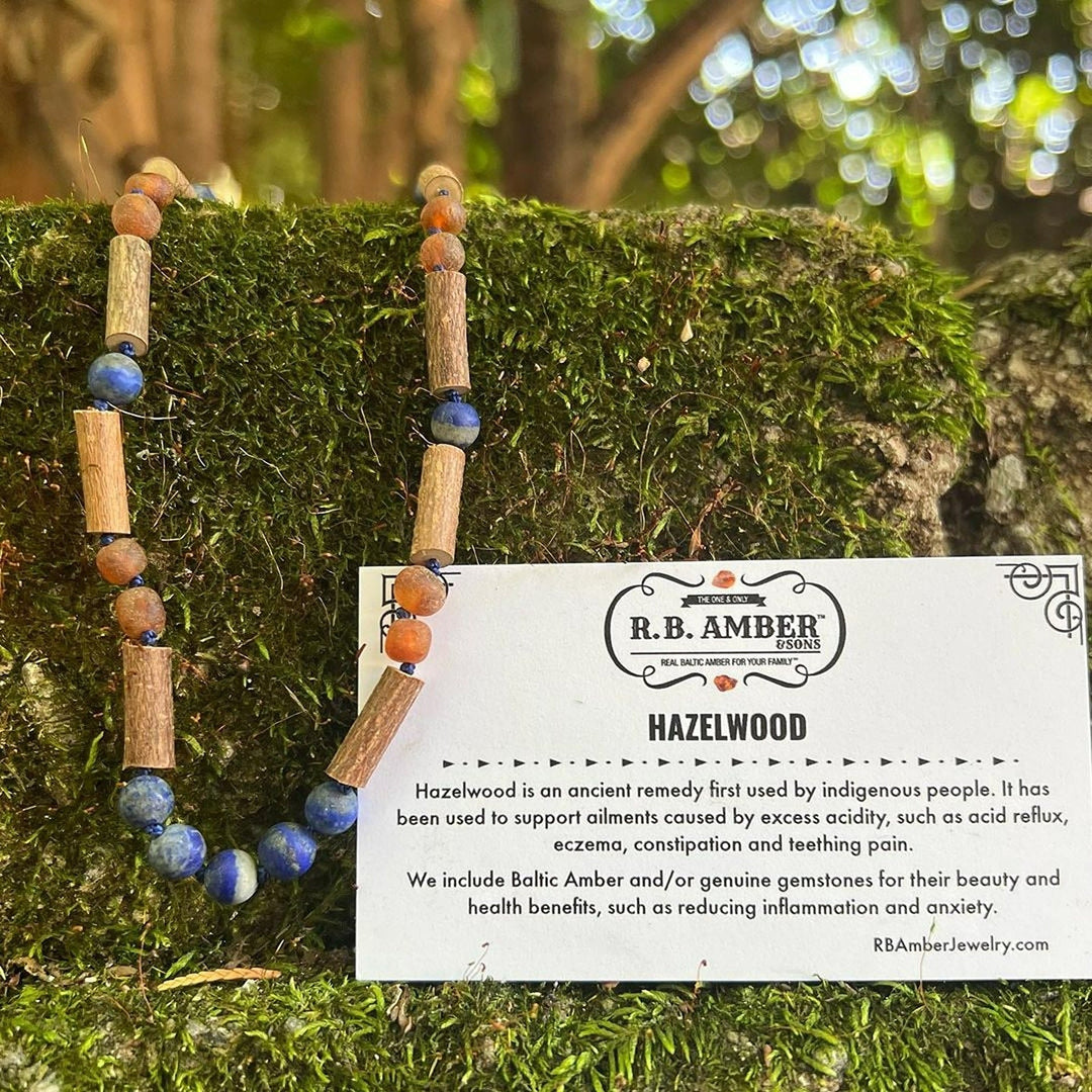 Kids | Lapis Lazuli + Raw Cognac Amber Hazelwood Necklace - R.B. Amber Jewelry