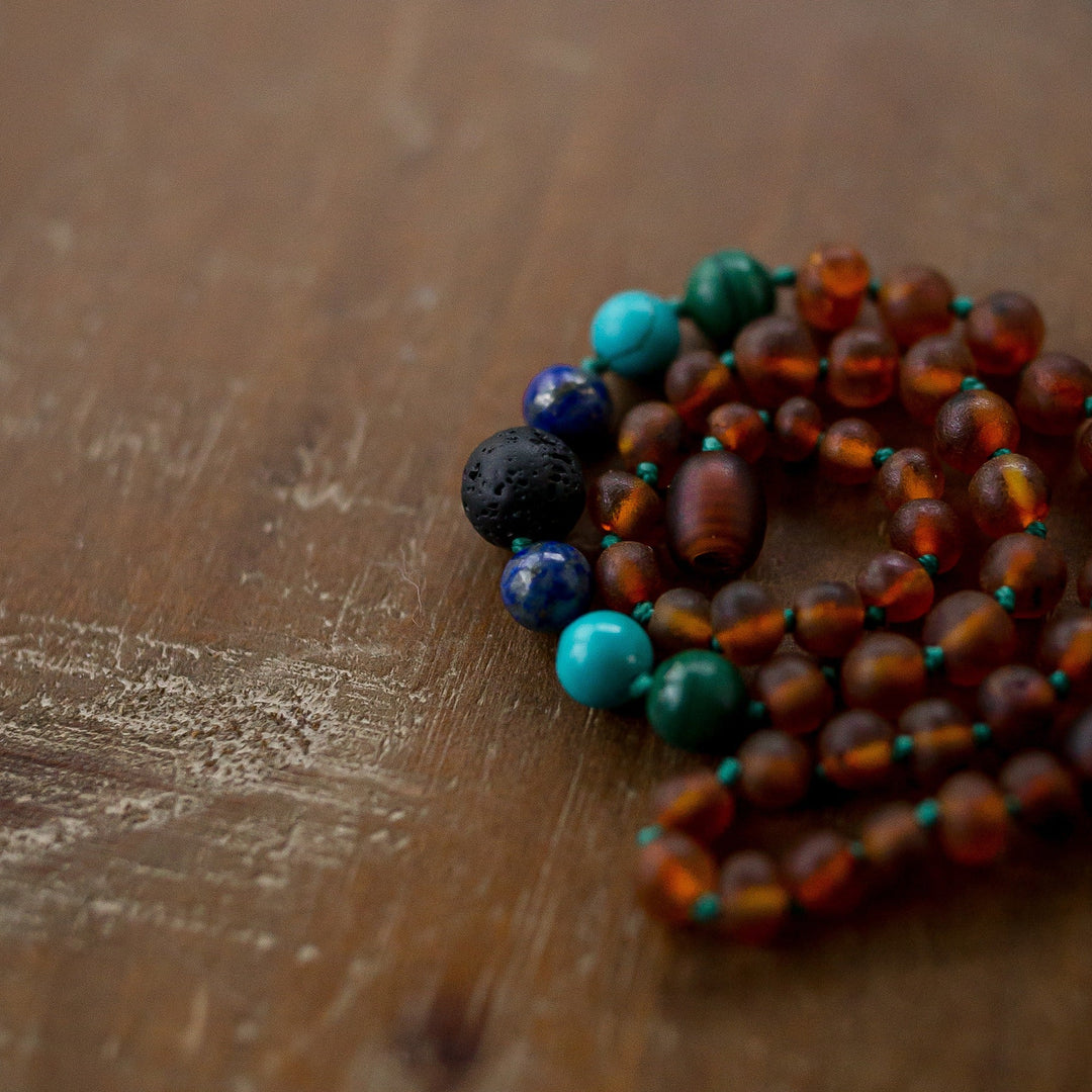 Kids | Malachite Mix + Raw Cognac Aromatherapy Necklace - R.B. Amber Jewelry