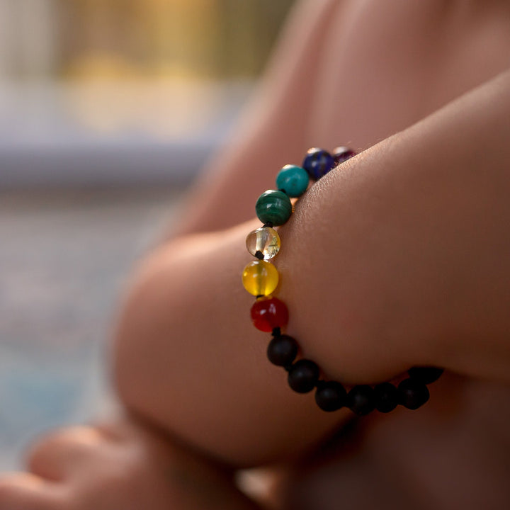 Kids | Rainbow Chakra + Raw Cherry Amber Bracelet - R.B. Amber Jewelry