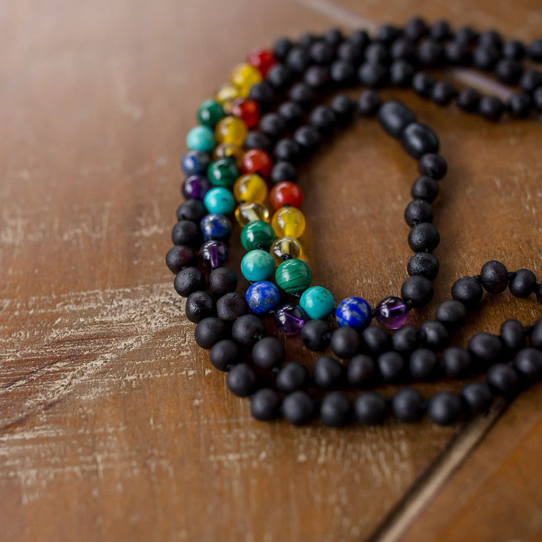 Rainbow Chakra + Raw Cherry Amber Necklace - R.B. Amber Jewelry