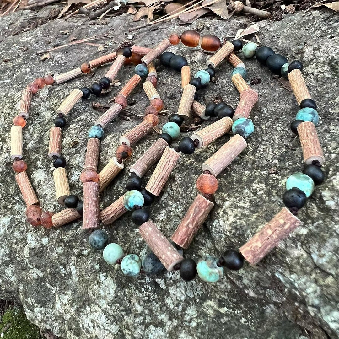 Kids | African Turquoise + Raw Cognac Amber Hazelwood Necklace