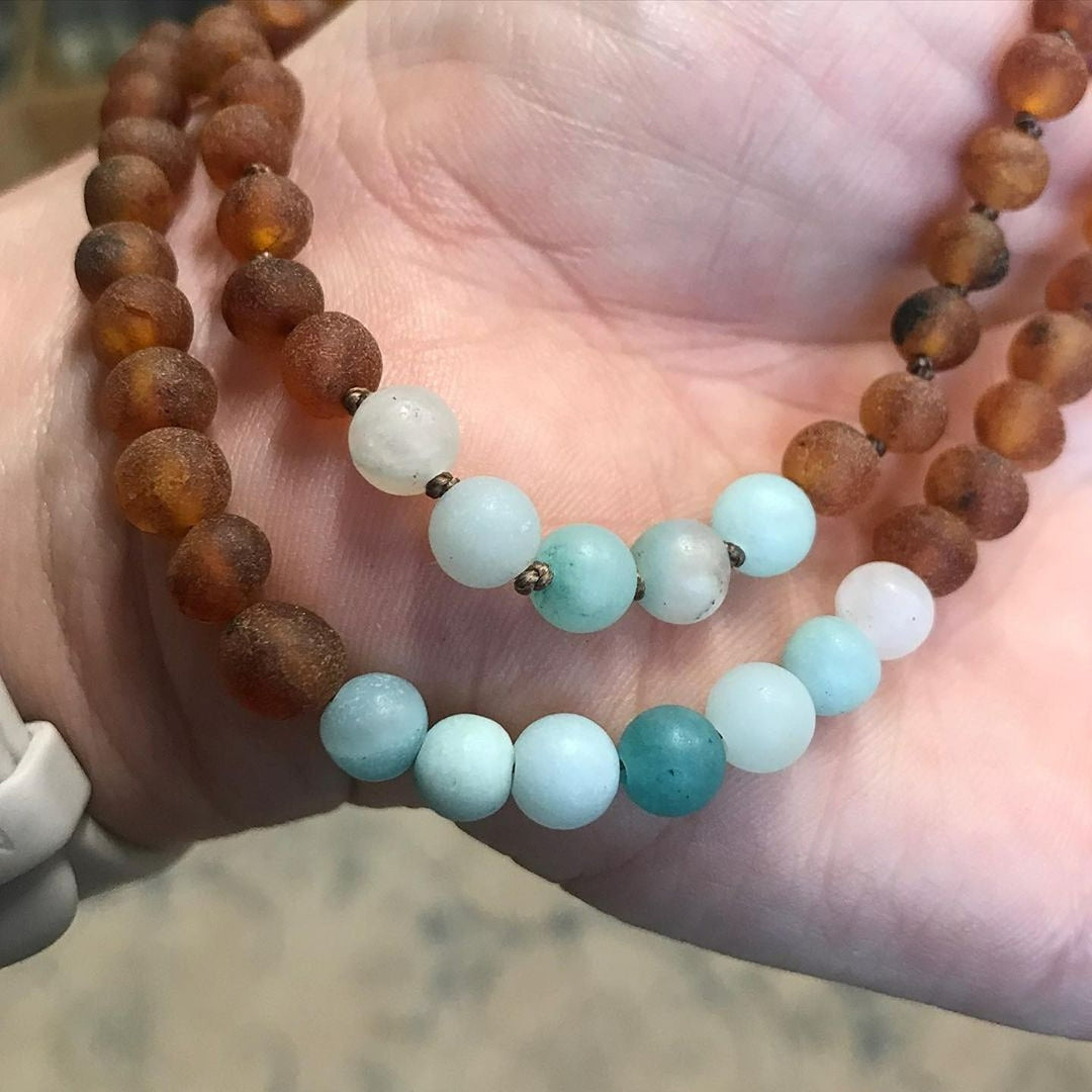 Adults | Amazonite + Raw Cognac Amber Necklace