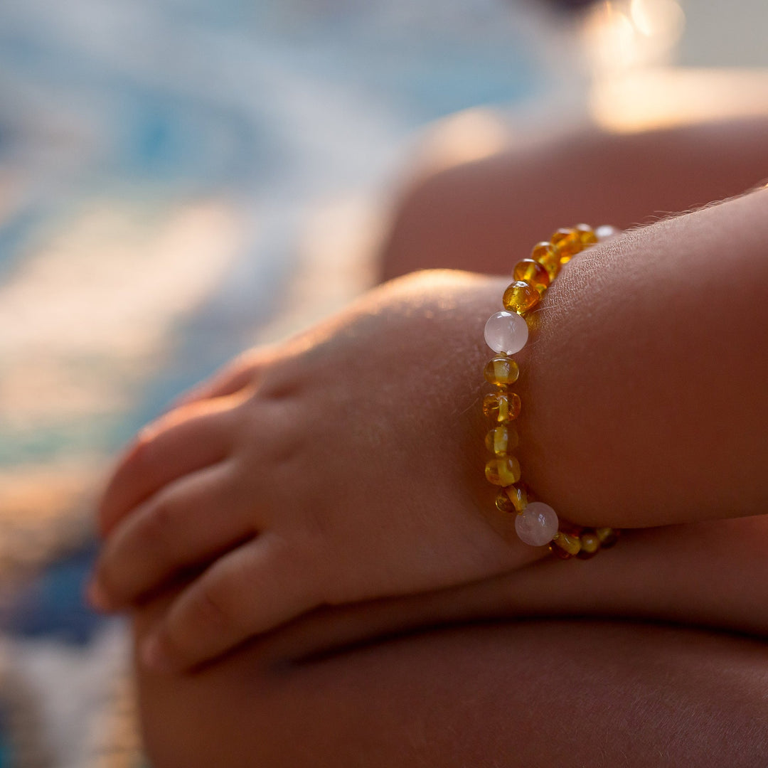 Kids | Rose Quartz + Honey Baltic Amber Bracelet - R.B. Amber Jewelry