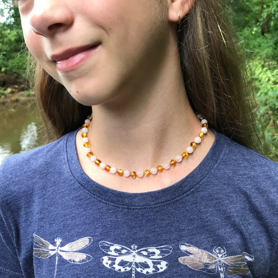 Kids | Rose Quartz + Honey Amber Necklace - R.B. Amber Jewelry