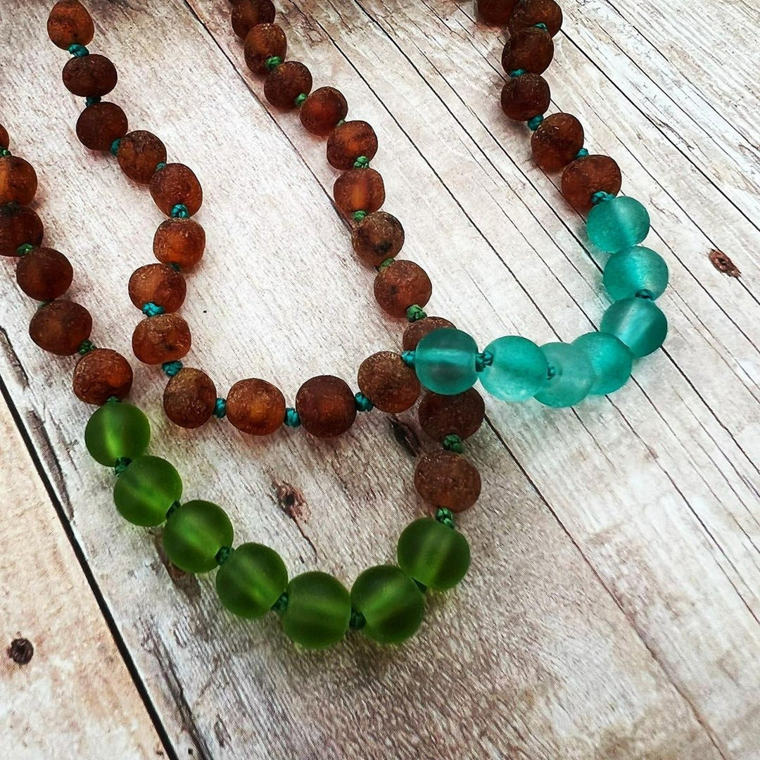 Adults | Aqua Sea Glass + Raw Cognac Amber Necklace - R.B. Amber Jewelry