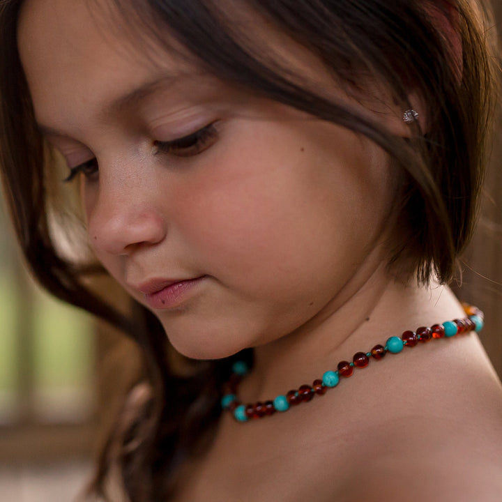 Kids | Turquoise + Cognac Amber Necklace - R.B. Amber Jewelry