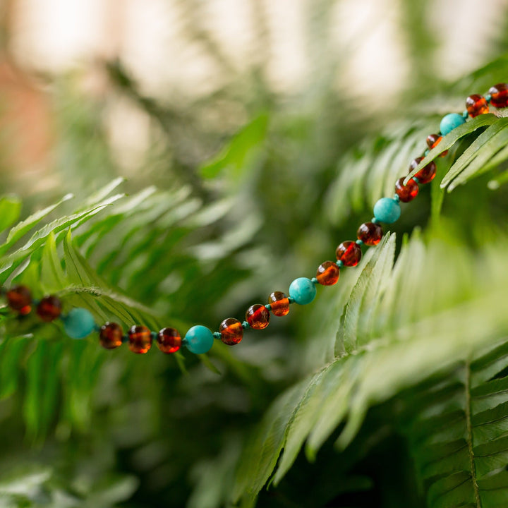 Turquoise + Cognac Baltic Amber Necklace - R.B. Amber Jewelry