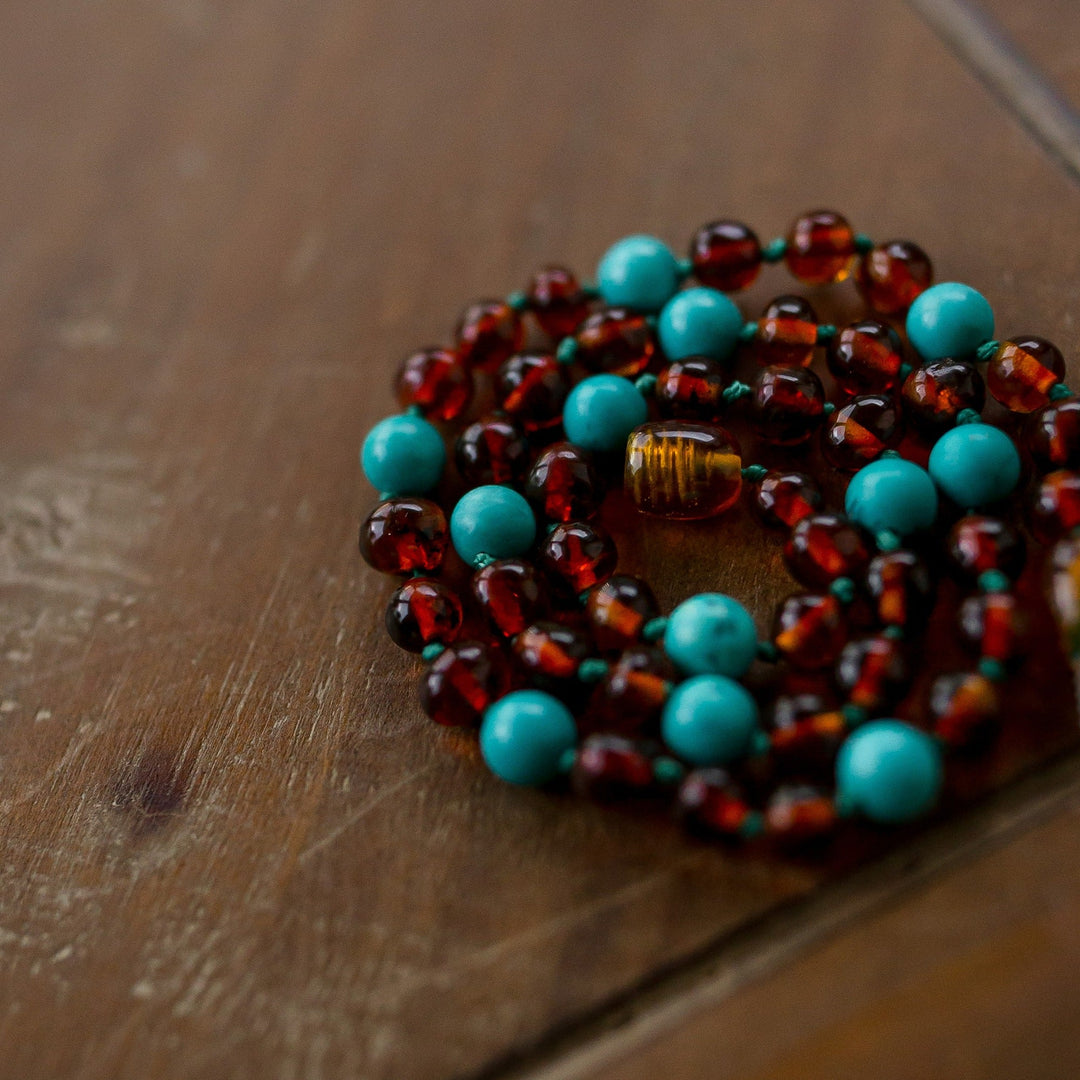 Turquoise + Cognac Baltic Amber Necklace - R.B. Amber Jewelry