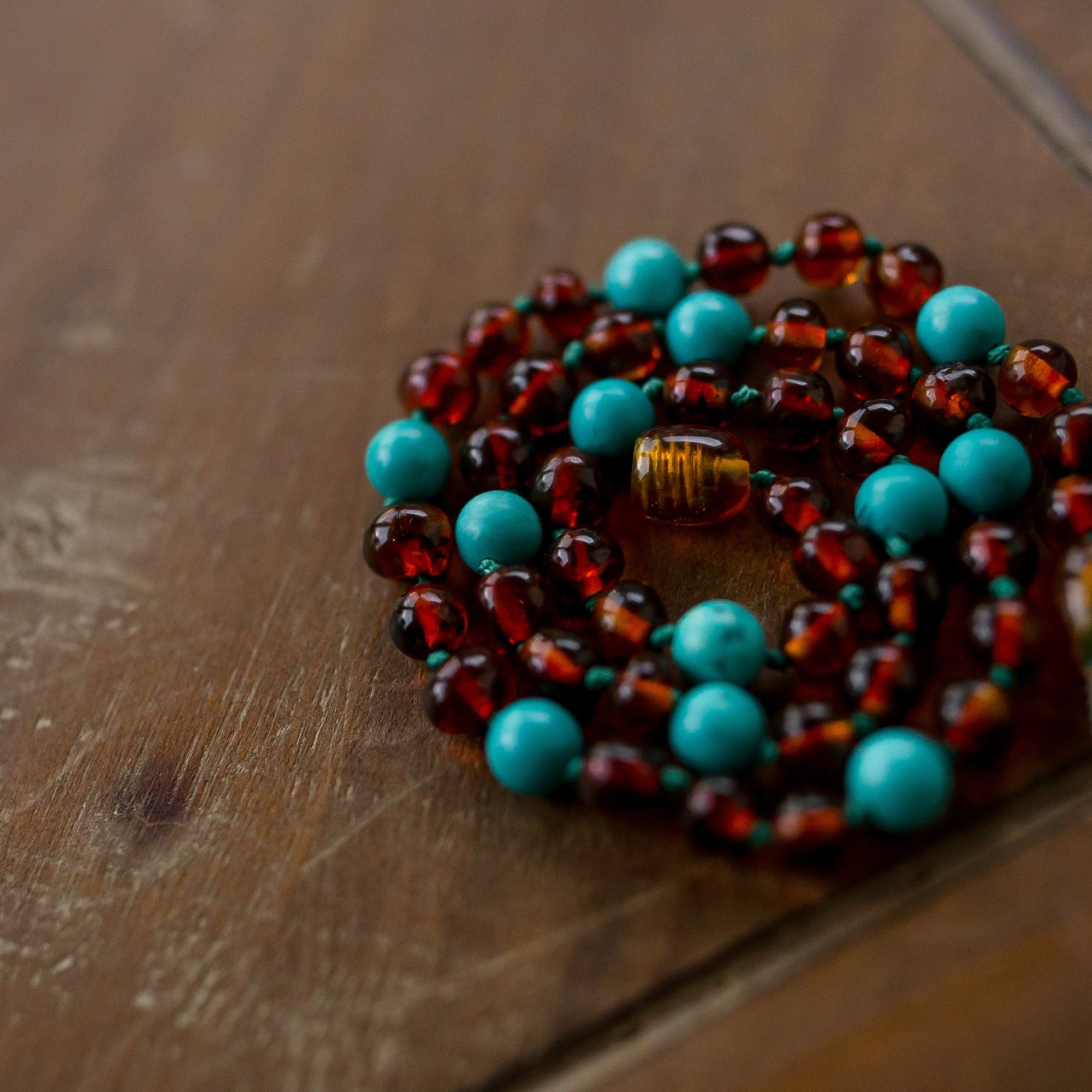 Turquoise + Cognac Baltic Amber Necklace - R.B. Amber Jewelry