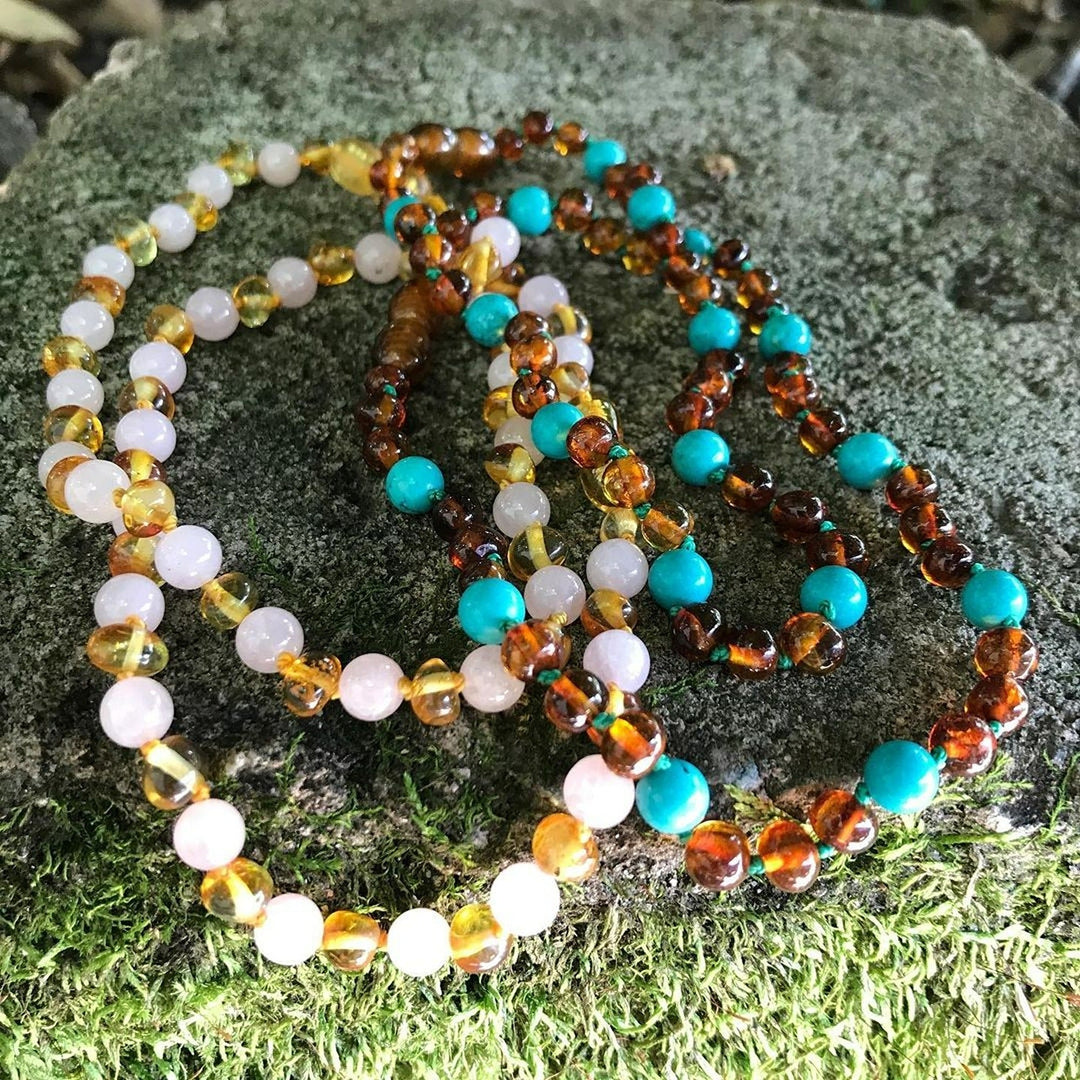 Kids | Turquoise + Cognac Amber Necklace - R.B. Amber Jewelry