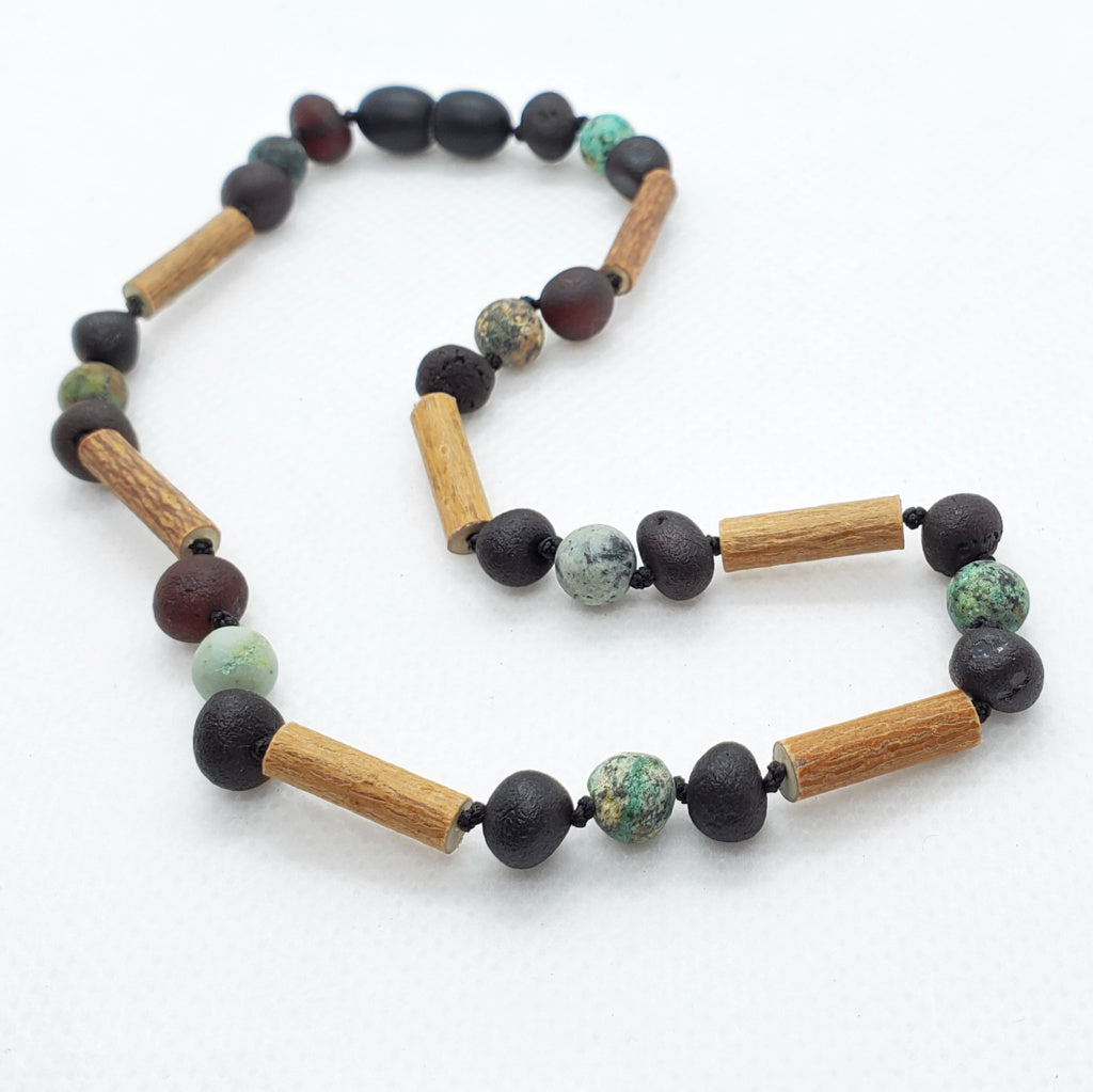 Kids | African Turquoise + Raw Cherry Amber Hazelwood Necklace