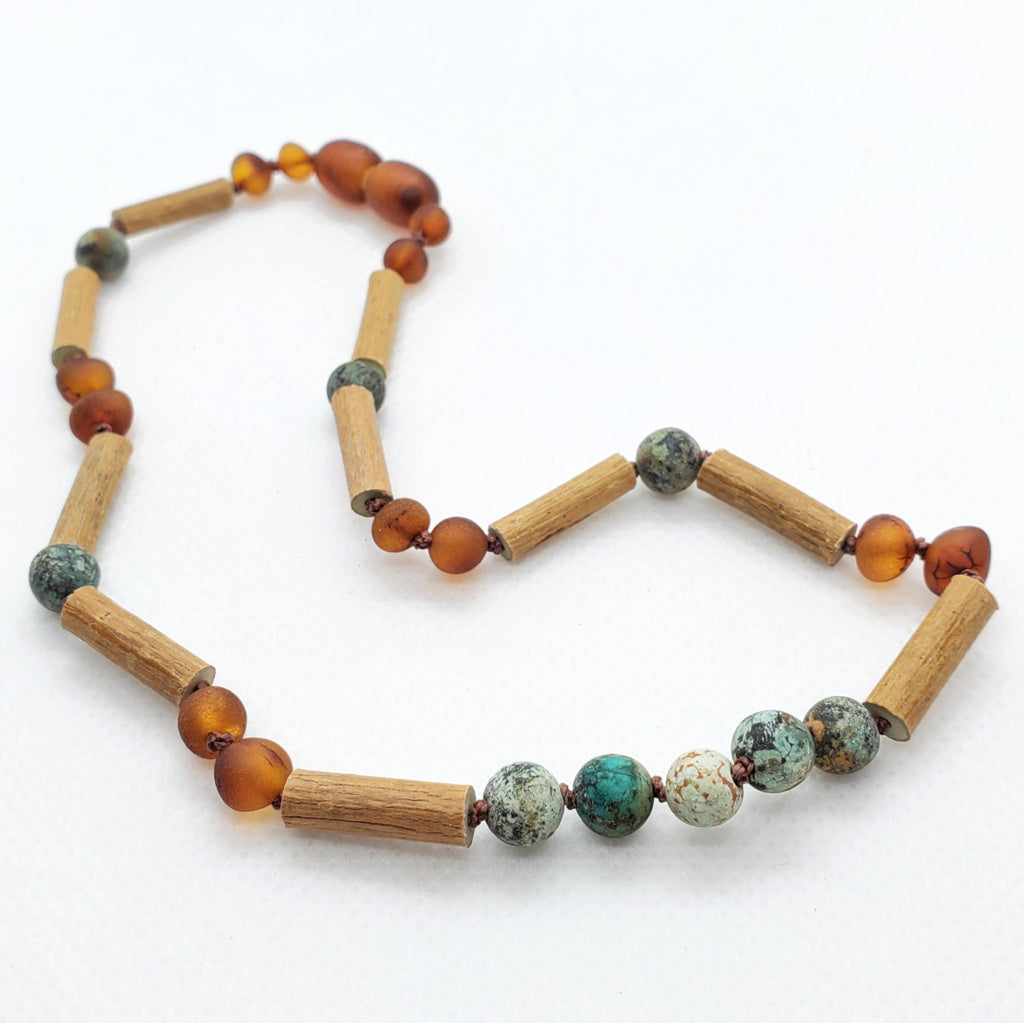 Kids | African Turquoise + Raw Cognac Amber Hazelwood Necklace
